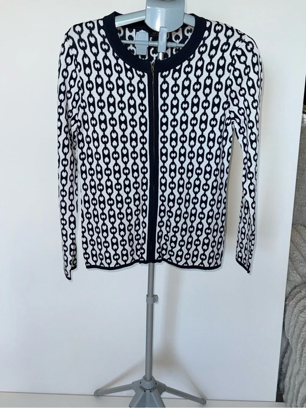 Grace Knit Dressing Royal & White Geometric Zip Cardigan Jacket Medium